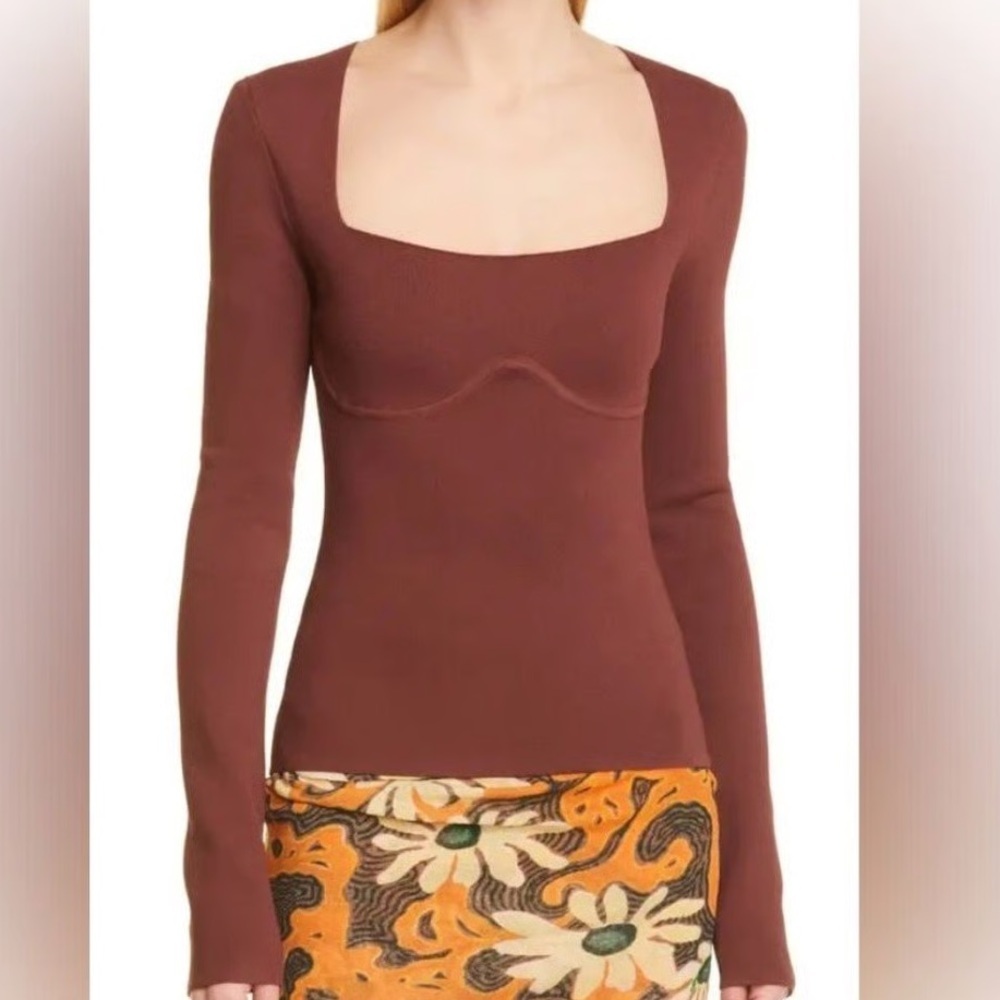 New Nanushka Mio Cupped Corset Long Sleeve Top in Mahogany Size Medium